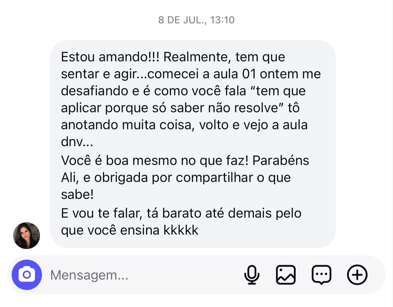 Depoimento WhatsApp — estou amando, comecei a aula 01 e estou me desafiando