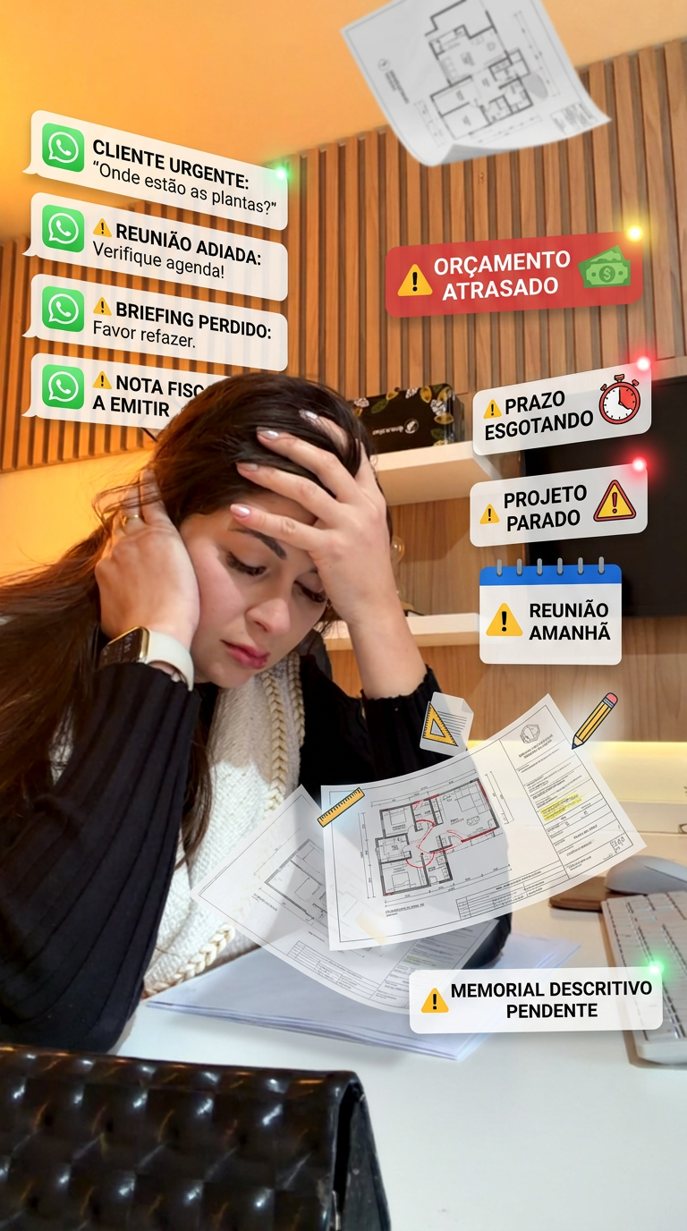 Arquiteta com as mãos na cabeça cercada de mensagens de WhatsApp, papéis, plantas e briefings — o caos mental do escritório